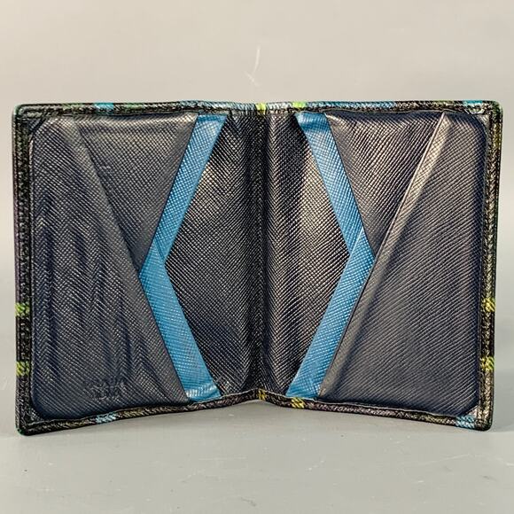 PRADA Green Blue Yellow Plaid Saffiano Leather Card Case Wallet - Picture 3 of 4